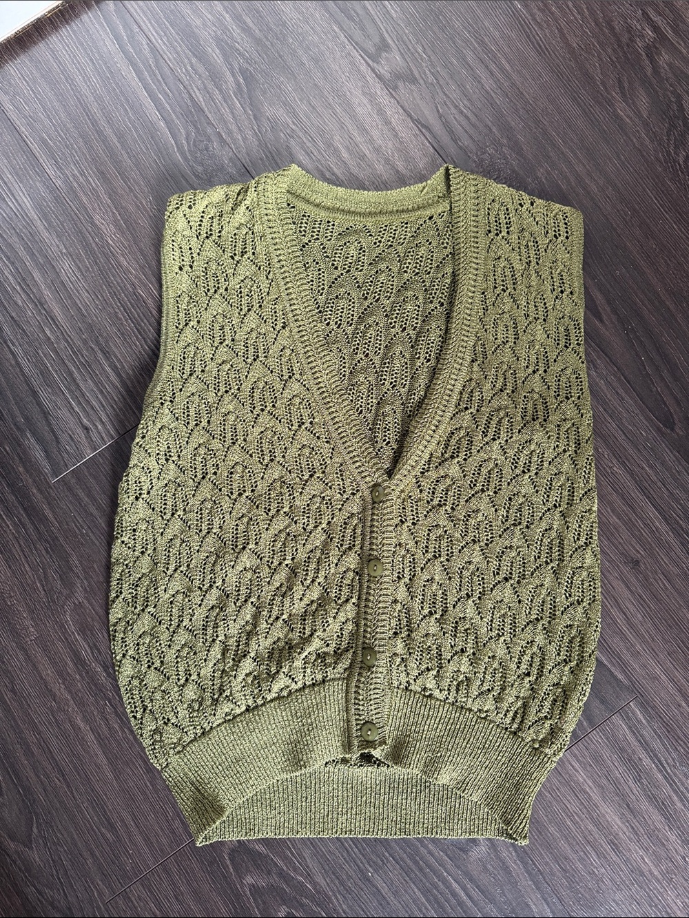 Vintage Olive Green Openwork Knit Button-Front Sweater Vest